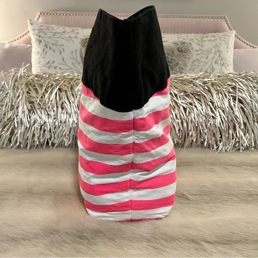 VICTORIA’S SECRET Beach Bag LARGE 2 Rope Handles Canvas Tote Black Pink Striped
